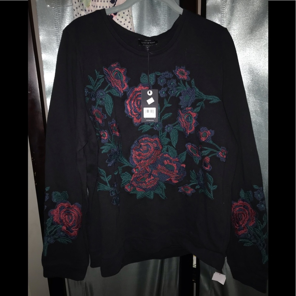 Lucky brand embroidered floral black sweatshirt NWT soft comfy